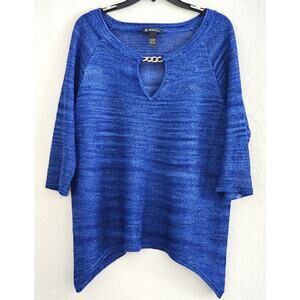 Top/Blouse-INC-Int's Concepts-Blue-Metallic-3/4 Sleeves-Knit-Gold Detail-Size L